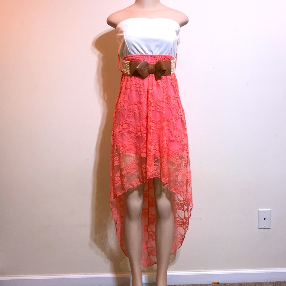 Strapless  Belted Hi Lo Peach Cream Lace Sundress